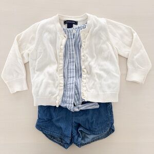 Lands End White Cardigan with Blue Striped Shirt and Denim Shorts
